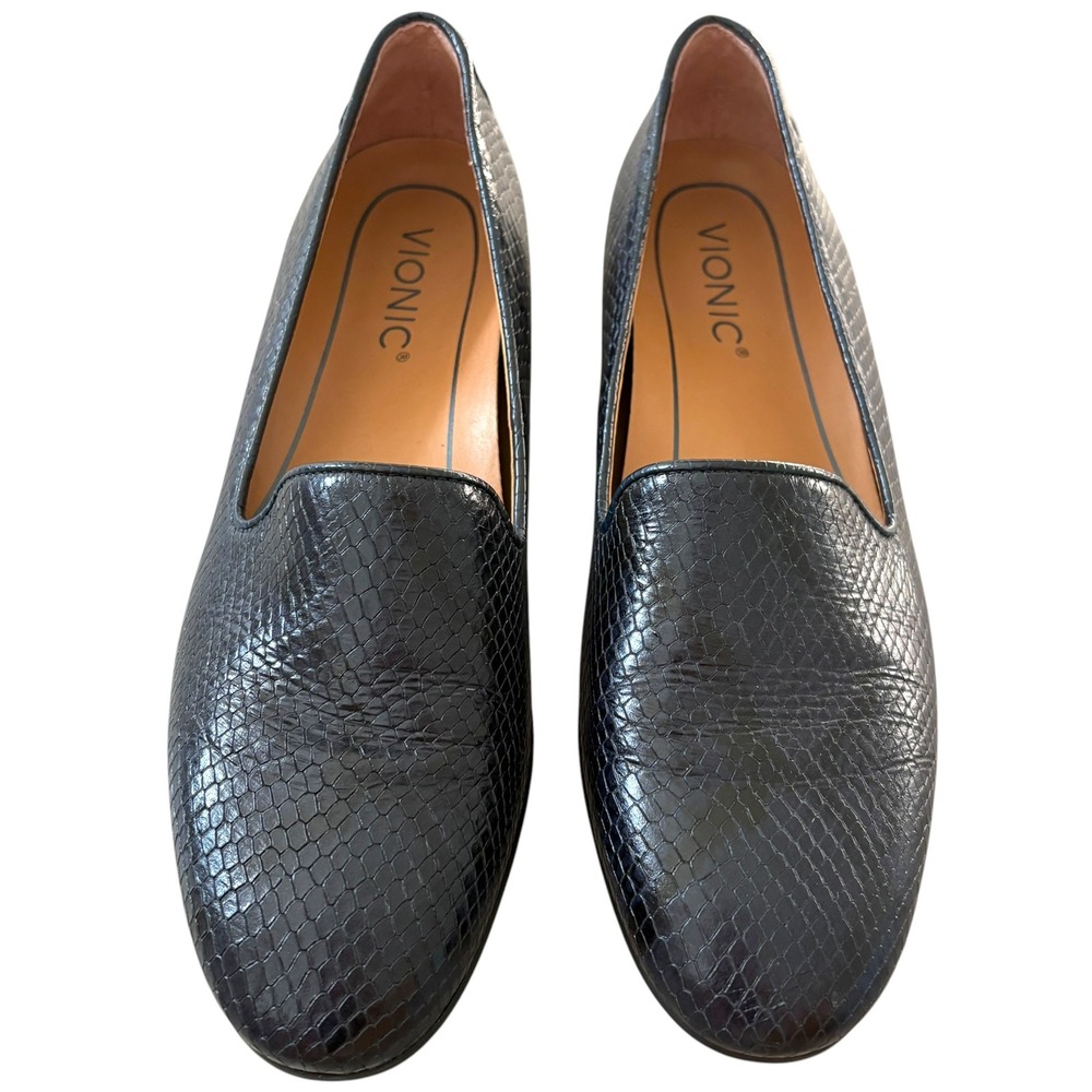 Vionic Womens 7 Willa Boa Loafers Black Snakeskin Leather Flats Academia Preppy